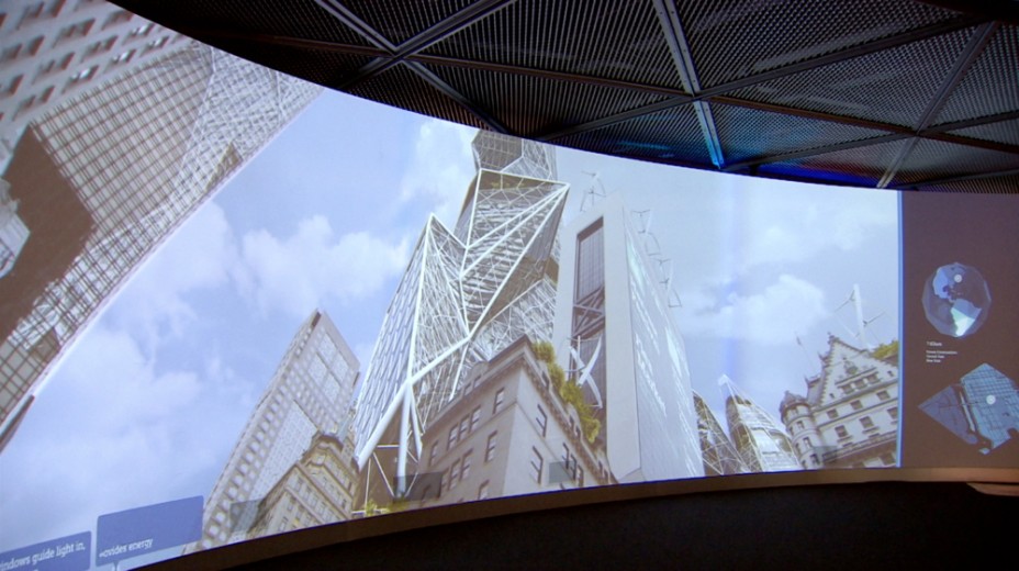 Future Life
The ‘Future Life’ theatre is the culmination of the Crystal tour and presents a future vision of smart city living in 2050. Presented on a curved cylorama screen the superwidescreen film was shot in New York, London and Copenhagen before we added CGI modelled buildings and live action composited sequences.

The film shows a day in the life of a Future City and features a wide array of technological innovations conceived by the Siemens Future Vision team. We worked with award-winning NORD Architects on the city designs and developed holographic  visualisations of City Cockpits, the data management systems envisaged for city management.